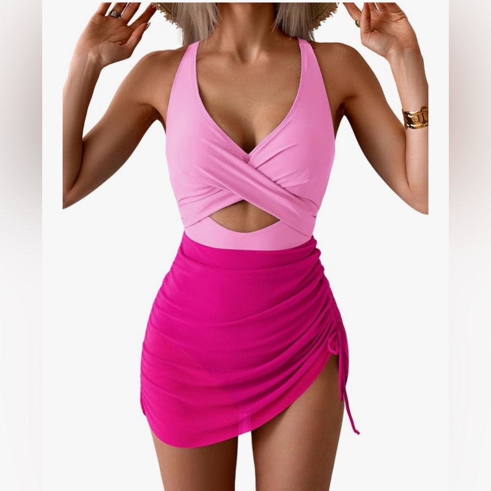 Hot Pink multi adjustable one piece with built in sarong/cover up. Medium